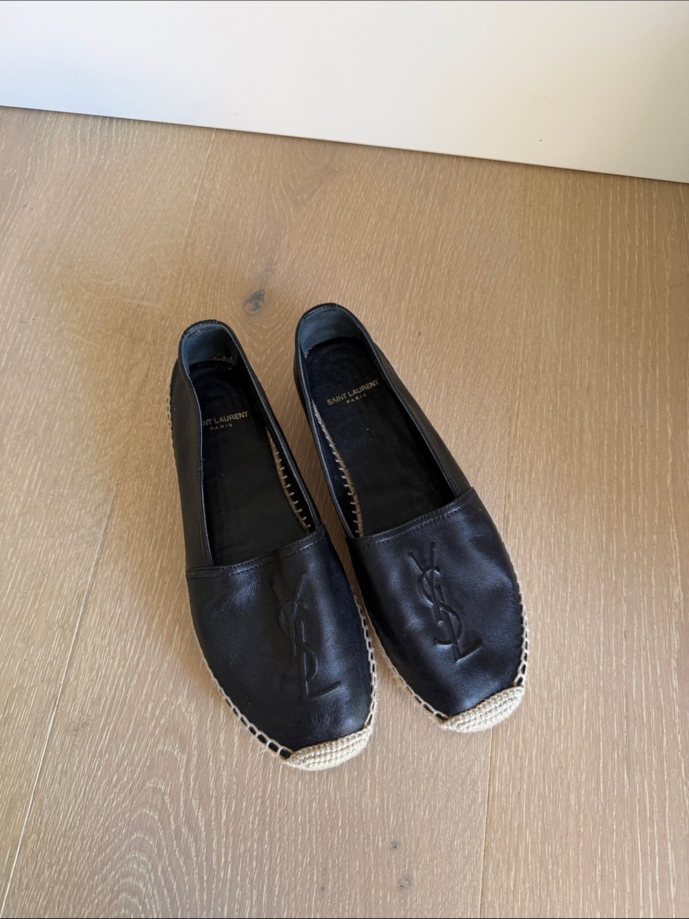 Saint Laurent Black Leather Espadrilles with Embossed Logo